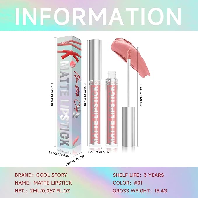 COOL STORY Matte Lip Stain Tint Highly Pigmented Color Long-Lasting Waterproof Nude Peach (01