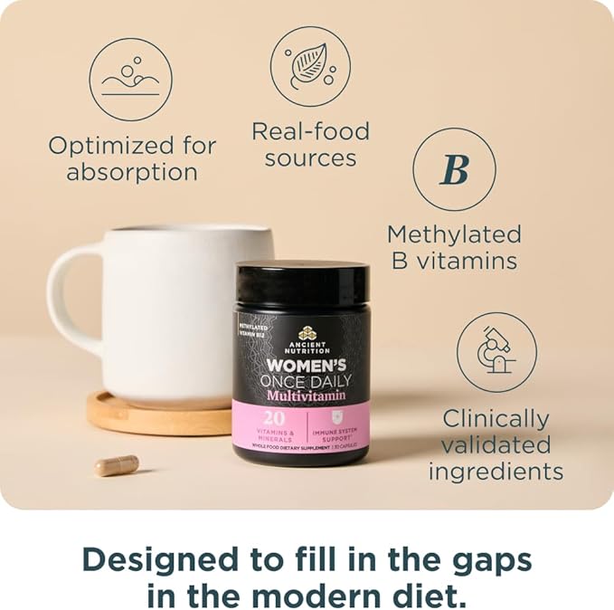 Ancient Nutrition Multivitamin for Women, Women's Once Daily Supplement, Methlyated Vitamin B, C, K2, Magnesium, Folate & Iron, Supports Bone Health, 30 Count