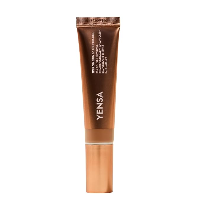 YENSA Skin on Skin BC Foundation Makeup - CC, BB Cream & Full Coverage Foundation-In-One - Buildable, Radiant Finish with SPF 40, Hyaluronic Acid, Peptides & 8 SuperBlacks - Tan Golden (1 oz)