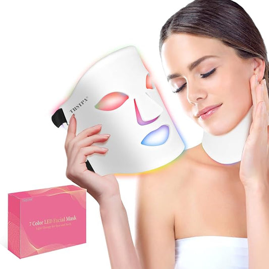 Led Face Mask Light Therapy,Red Light Therapy for Face and Neck,7 Colors LED Facial Skin Care Mask,5 Level Brightness Adjustment,309 LED Beads Can Be Used at Home,White