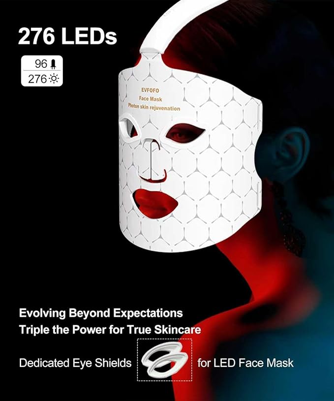 Red Light Photon Facial Mask with Wireless Rechargeable Design, 7 Custom Modes with Infrared, Portable & Rechargeable for Home Use, White