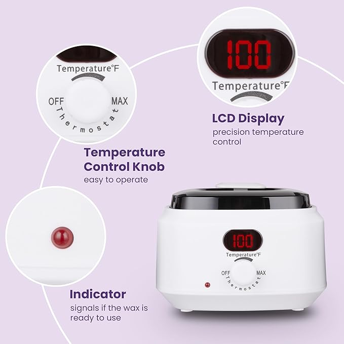 Wax Warmer Pot with 5 Bag Hard Wax Beads, Wax Kit Digital Hair Removal Waxing Kit for Women & Men, HotWax Melt Warmer Kit for Full Body, Legs, Face, Bikini,Sensitive skin, White