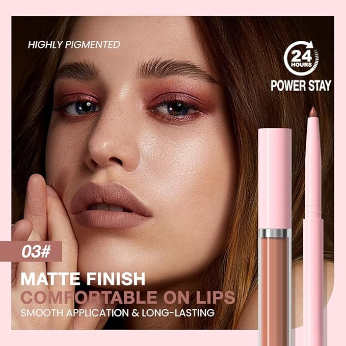 AMY'S DIARY 2pcs Lip Liner & Lipstick&Shiny Clear Lip Oil Makeup Set, Liquid Lipstick 24H and Lip Liner Set Matt Liquid Lips Make Up Waterproof Long Lasting (03#, 2 Pcs Set)