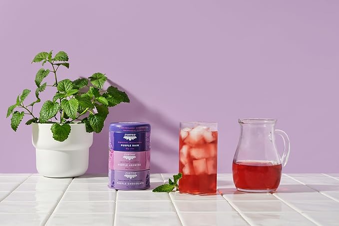 JusTea PURPLE TEA TRIO | 3 Flavour Tin Variety Pack with Hand Carved Tea Spoon| 45+ Cups of Loose Leaf Tea | Very Low Caffeine | Fair Trade | Non-GMO