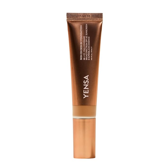 YENSA Skin on Skin BC Foundation Makeup - CC, BB Cream & Full Coverage Foundation-In-One - Buildable, Radiant Finish with SPF 40, Hyaluronic Acid, Peptides & 8 SuperBlacks - Deep Warm (1 oz)