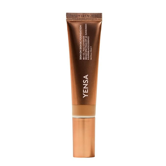 YENSA Skin on Skin BC Foundation Makeup - CC, BB Cream & Full Coverage Foundation-In-One - Buildable, Radiant Finish with SPF 40, Hyaluronic Acid, Peptides & 8 SuperBlacks - Deep Warm (1 oz)