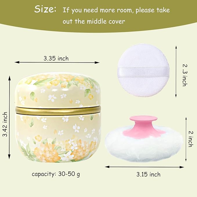 Body Powder Puff and Container for Dusting Powder, Women Powder Puff and Powder Case for Bath and Travel (Light Yellow)