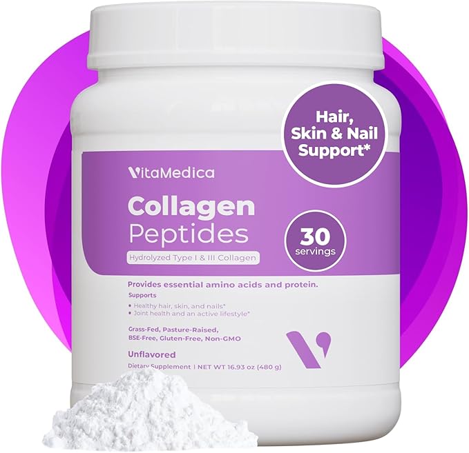 VitaMedica Collagen Peptides Powder for Women & Men - Healthy Hair, Skin, Nails, Bones and Joints - Hydrolyzed Types I & III, Grass-Fed, Pasture-Raised Protein, Zero Sugar - 30 Servings