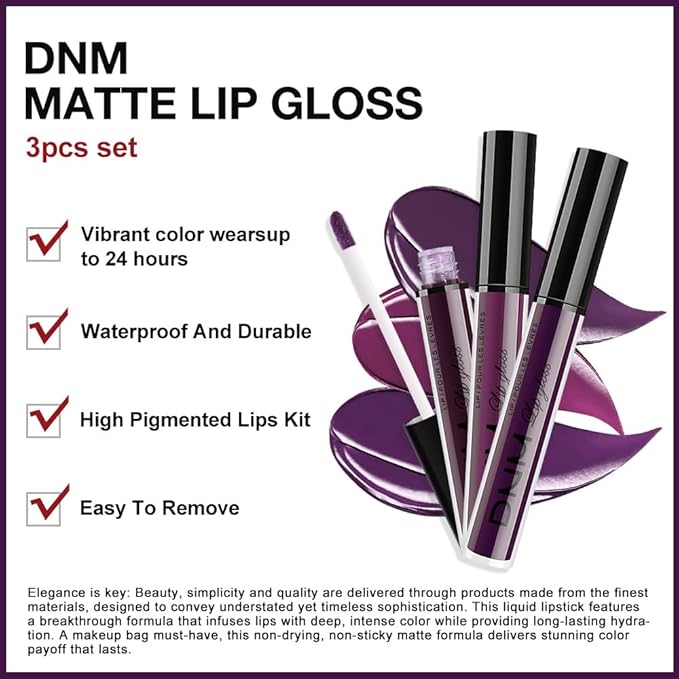evpct 3Pcs Dark Purple Mauve Plum Maroon Matte Liquid Lipstick Lip Stain Sets for Women Matte+Lipstick Long Lasting Permanent 24 hr Hours Magic Lipstick 24 Hours original Waterproof 22#