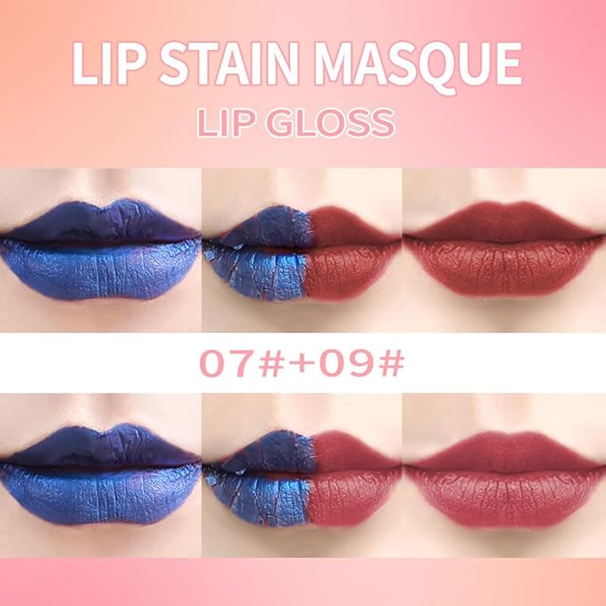 Lip Stain - Wipe-Off &Peel Off Lip Color | Waterproof, Long Lasting, Transfer-Resistant, Smudge-Proof Lip Tint | Easy Wipe Finish, High Pigment | All-Day Vibrant Kiss-Proof Lip Stain, 07#+09#