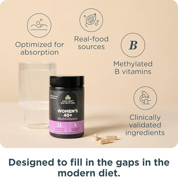 Ancient Nutrition Multivitamin for Women 40, Multi Vitamin and Immune Support with Vitamin D & C, 20 Vitamins and Minerals, Stress and Sleep Support, Supports Bone and Blood Health, 90 Capsules