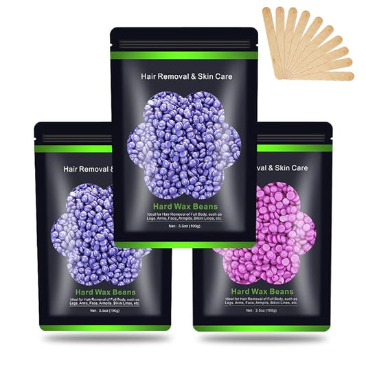 Wax Beads for Hair Removal 10.5oz (300g), Auperwel Hard Wax Beads Beans for Sensitive Skin Brazilian Waxing, Face, Bikini, Eyebrow, Legs, Painless for Women Men, 3 packs Kit with 10 Sticks
