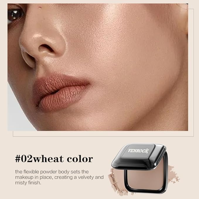 Venrock Soft Velvet Pressed Powder Long-lasting oil control,Natural lightweight finish,Gentle and non-irritating Brightens skin tone Quick touch-ups,Blurs pores,Concealing (02#Wheat, 0.23 oz)