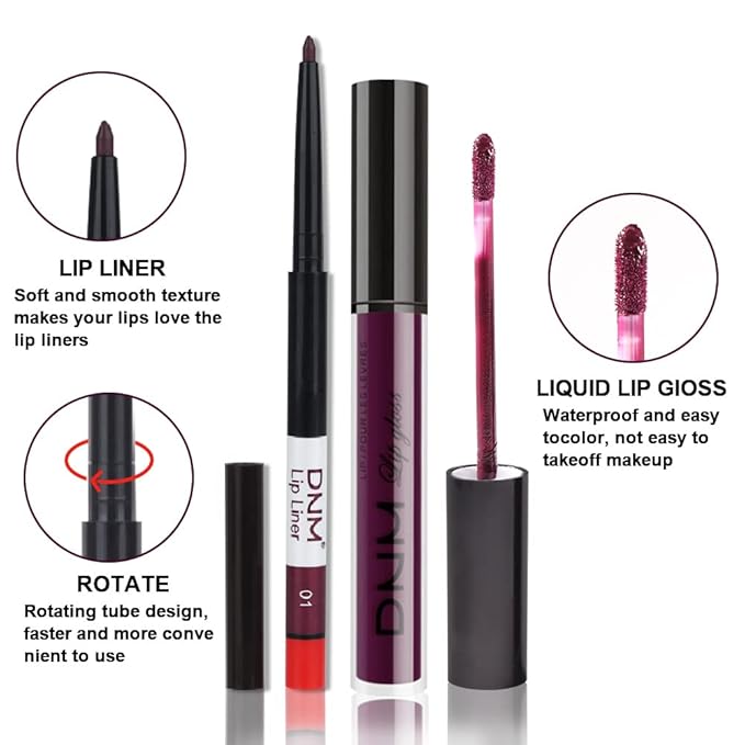 evpct 2Pcs Purple Plum Matte 24-hour Liquid Lipstick and Lip Liner Pencil Makeup Set Women Dark Red Bright Berry Liquid Lipstick Matte Lip Tint 24H and with Lip Liner Set Waterproof Long Lasting 1