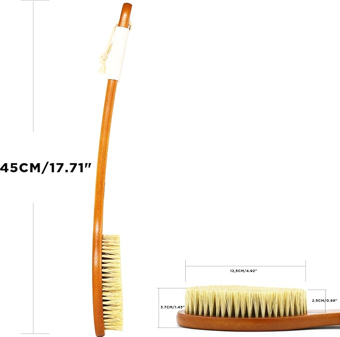 ICANdOIT-17.71Inch Natural Stiff Sisal Bristles Anti-Slip Curved Long Handle Bath Brush,Bent Handle Shower Scrubber for Exfoliating,Shower Back Brush