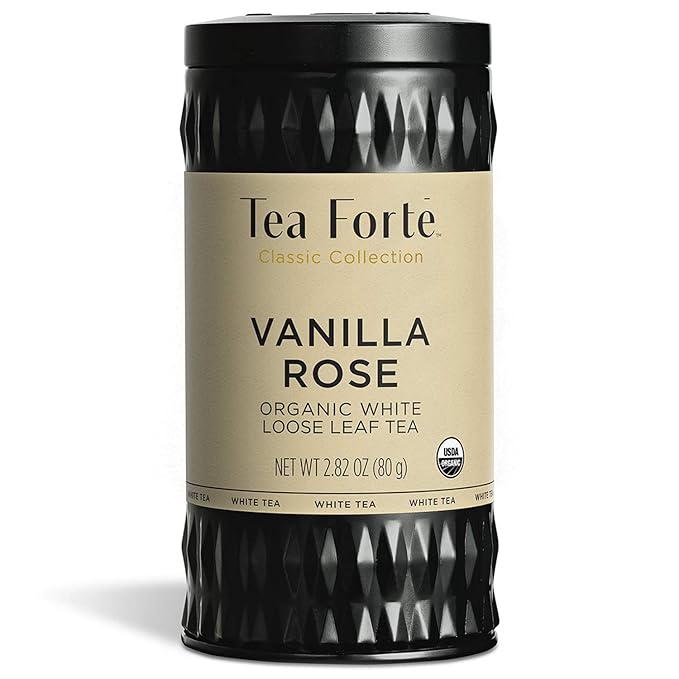 Tea Forte Vanilla Rose Premium Organic Loose Leaf Caffeinated White Tea Blend Canister, Makes 35-50 Cups