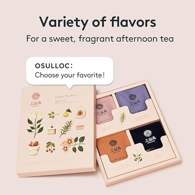 OSULLOC Lovely Tea Gift Box Set (12 count, 4 flavors x 3 EA) | Premium Blended Tea from Jeju | Korean Tea Sampler | Fruit Tea Variety Pack | Pyramid Tea Bag Series