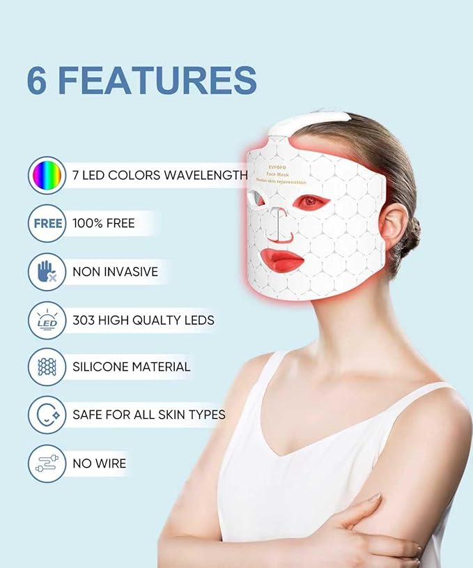 Red Light Photon Facial Mask with Wireless Rechargeable Design, 7 Custom Modes with Infrared, Portable & Rechargeable for Home Use, White