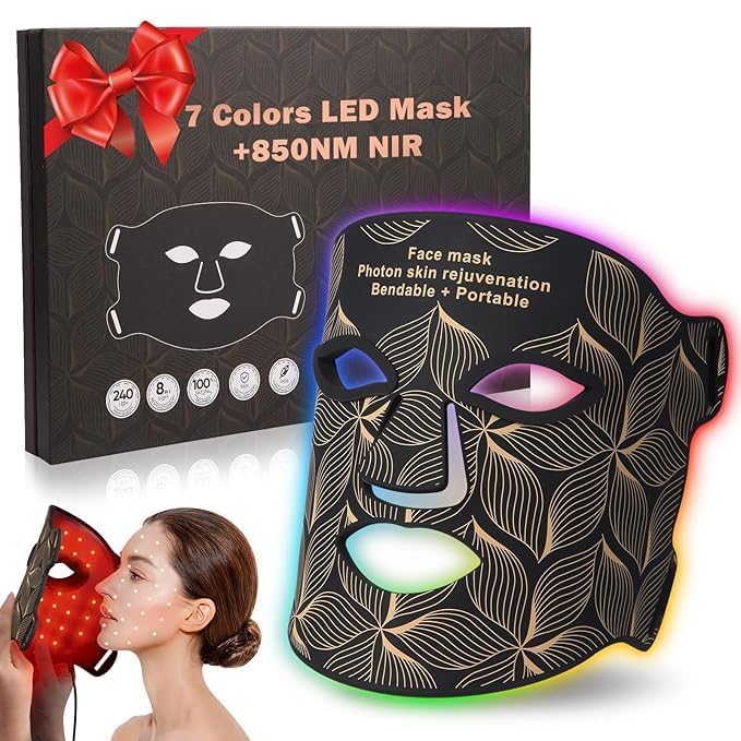 Red Light Therapy for Face, 7＋1 Colors LED Face Mask Light Therapy with 850NM Near-infrared, Portable Rechargeable Red Light Therapy Mask Skin Care Device at Home and Travel for Anti-Aging, Black