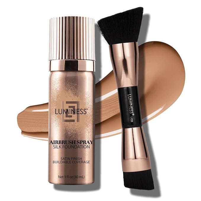 LUMINESS Silk Airbrush Spray Foundation 2-PC Kit - Foundation & Dual-Sided Angled Makeup Brush - Buildable Coverage, Anti-Aging Formula, Humidity Resistant, Hydrates & Moisturizes, Warm