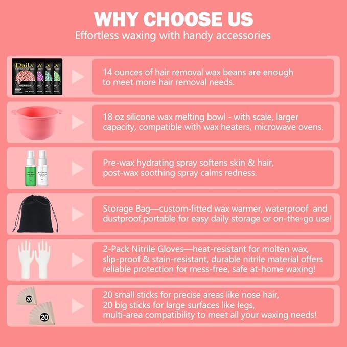 Wax Warmer Kit for Hair Removal - Hard Wax Kit for Sensitive Skin with Silicone Liner, 4 Bags Wax Beans - For Women Men, Face, Bikini, Brazilian, Body, Legs, Home Salon. (PINK)