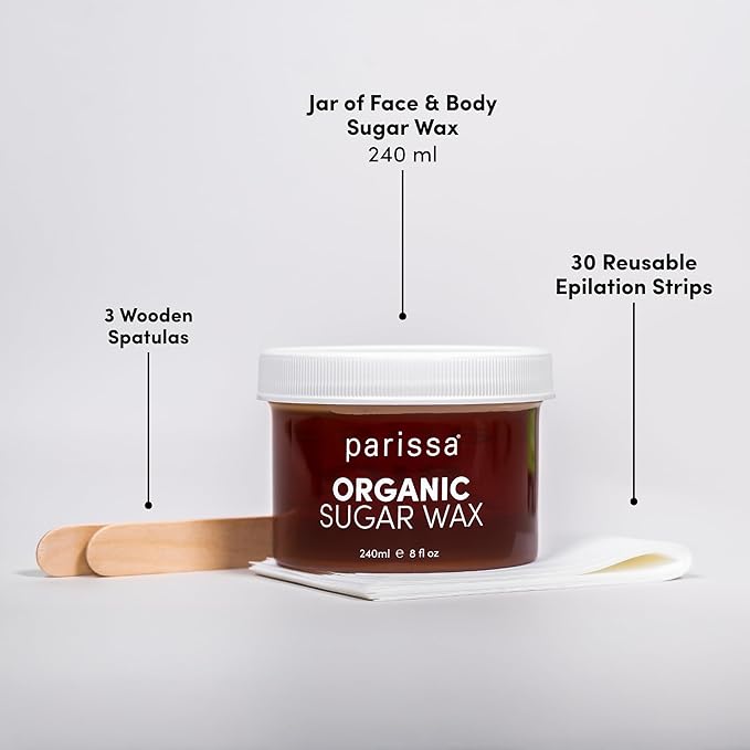 Parissa Organic Sugar Wax Kit for Legs & Body | USDA Certified, Vegan, Hypoallergenic, Microwavable & Water-Washable | Gentle & Beginner-Friendly | 30 Reusable Strips, 3 Spatulas, 240ml (8 Fl Oz) Wax
