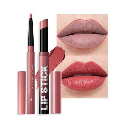 2Pcs 2 in 1 Matte Rose Lip Liner and Lipstick Combo Set for Women,Lipstick Stain Lip Liner for Daily & Party Long Lasting Waterproof Smudge Proof 24 Hour Full Coverage Vegan Lip Makeup Kit