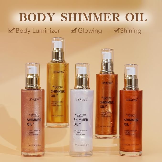 Liyalan Shimmer Body Oil 5 Color Gold 3.38 Fl Oz Face Glow Pearl Highlighter Illuminator Body Makeup Shine Glitter Gold Liquid Taning