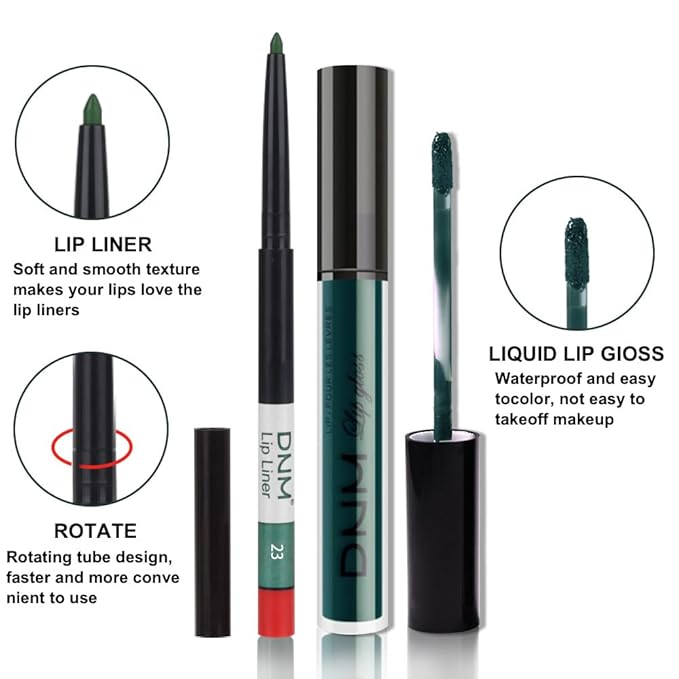 evpct 2Pcs Matte Dark Green Lipstick and Lip Liner Gloss Makeup Set matt Matte Liquid Lipstick Long Lasting Set 24H and with Lip Liner 23#