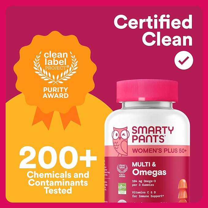 SmartyPants Multivitamin Gummy for Women 50 and Over - Improved Formula: Omega 3 (DHA/EPA), Methylfolate, CoQ10, Vitamin D3, C, Vitamin B12, B6, A, K, Biotin, Gluten Free, 90 Count (30 Day Supply)