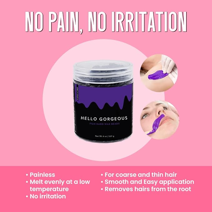 Miss Cire Purple Hard Wax Beads - Painless Hair Removal Peel-Off Wax - No Strips Needed - Low melting Point - Gel Like Consistency - For Face and Body - Hello Gorgeous - For Sensitive Skin - 8oz