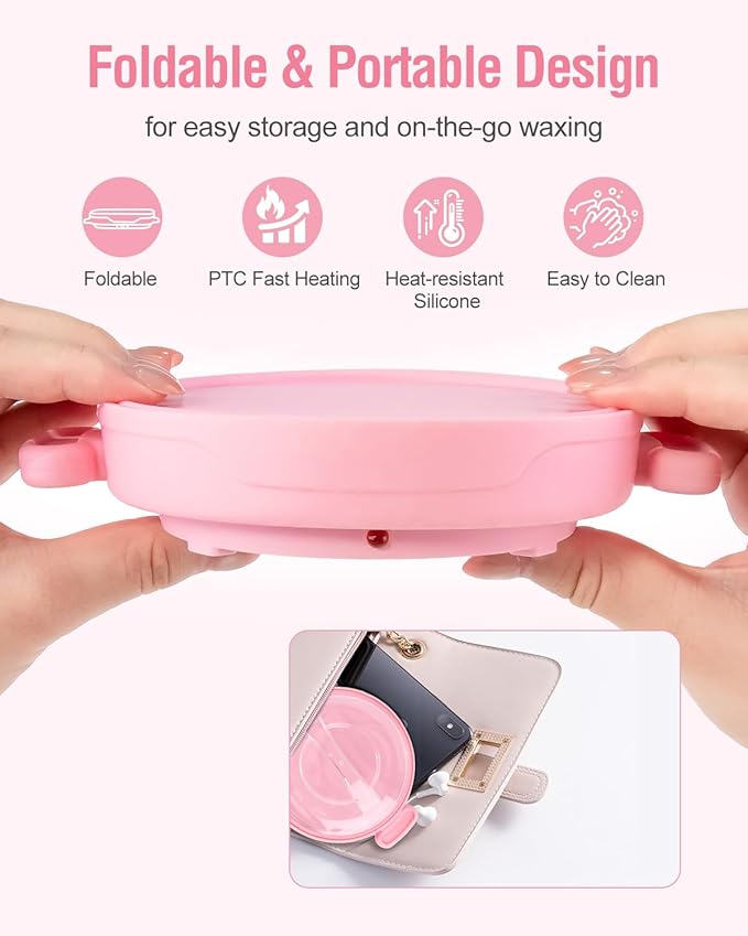 Silicone Wax Warmer for Hair Removal, Foldable Hot Wax Melter Machine for Hard and Soft Wax Beads, 18.6oz Electric Waxing Kit Fast Heating Silicone Pot for Full Body, Legs, Face, Eyebrows & Bikini