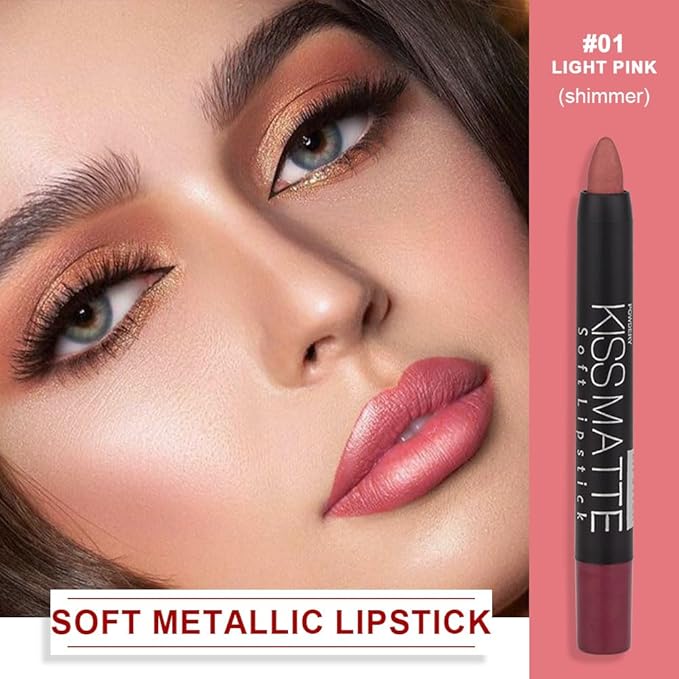 evpct 1Pcs Light Pink Metallic Lipstick and Lip Crayon Liner Pencil Pen Set for Women Lip Stain Long Lasting Waterproof labiales mate magicos 24 horas originales pintalabios permanente 24 horas 01