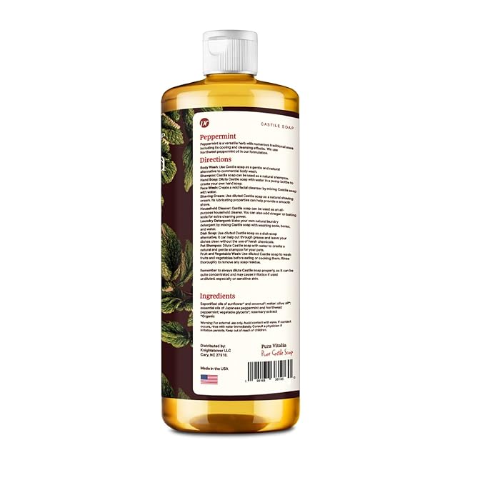 Peppermint Organic Castile Soap | Body Wash & Cleanser for Face & Hands | Biodegradable, Eco-Friendly, Palm Oil Free, Vegan & Gentle | Made with 6 Natural Ingredients - 32 oz