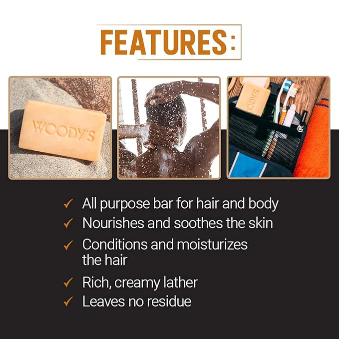 Woody's Hair & Body Shampoo Bar for Men – 2-in-1 Solid Shampoo Bar & Body Wash, Deep Cleansing, Moisturizing, Refreshing Scent, 8 oz, 2 Pack