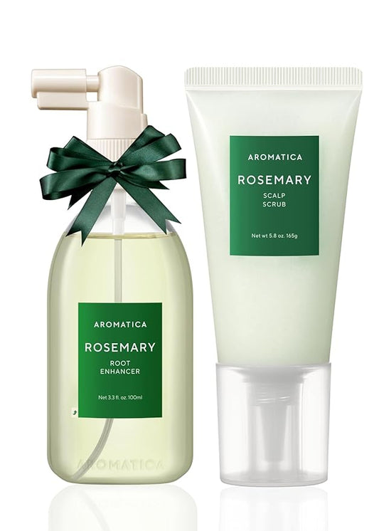 AROMATICA Rosemary Root Enhancer And Scalp Scrub Korean Hair Care Set - Rosemary Water Spray and Scalp Exfoliator for Dry Scalp Treatment, Refresh Your Hair with Rosemary Oil Scalp Care, Holiday gifts
