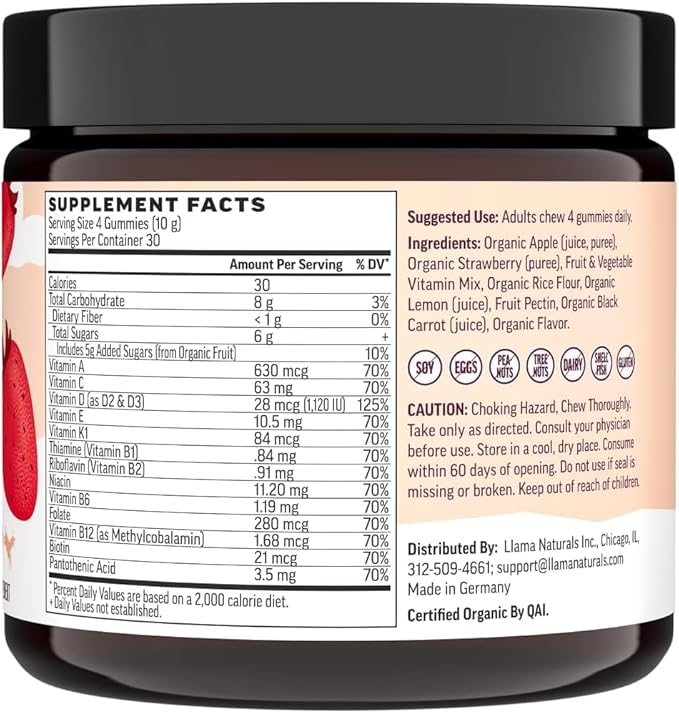 Llama Naturals Multivitamin for Women, Vegan, Organic Gummies with Vitamin D, C and K, Women's Real Fruit Gummy Vitamins, Chewable Multivitamin Supplement, No Added Sugar Cane, Strawberry, 120 Ct
