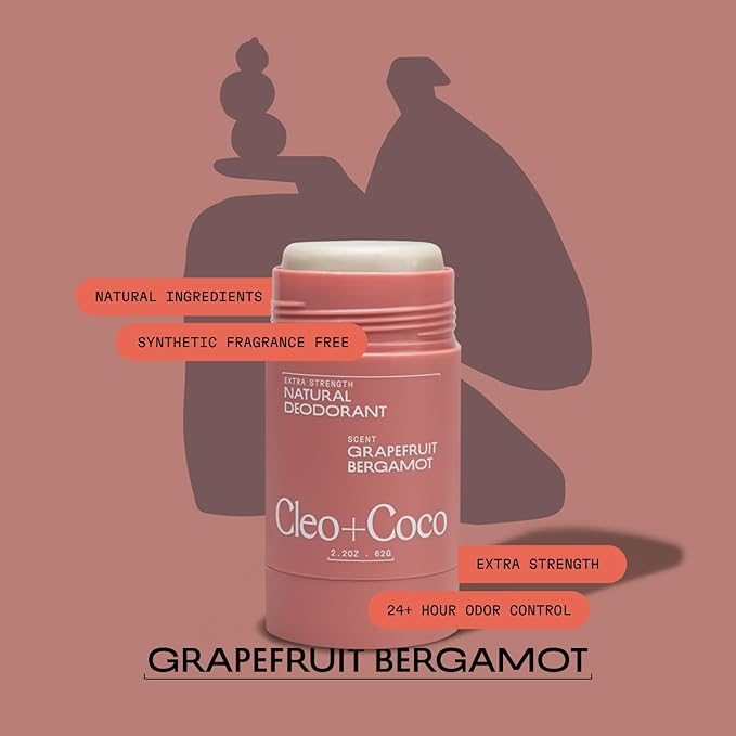Cleo+Coco Extra Strength Deodorant Balm, Grapefruit Bergamot (2.2 oz), Natural Aluminum Free Deodorant for Women & Men with 5X Odor Fighters, 24+hour Odor Control Free from Synthetic Fragrance, Vegan