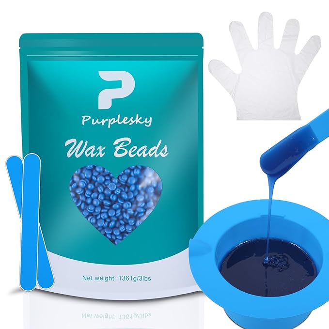 PURPESKY Wax Beads Bulk, 3lbs Hard Waxing Beans for Hair Removal, Brazilian Coarse Wax for Face, Leg, Bikini, Home Waxing Kit with Collapsible Bowl/Pot & Collapsible Bowl (Sea salt)