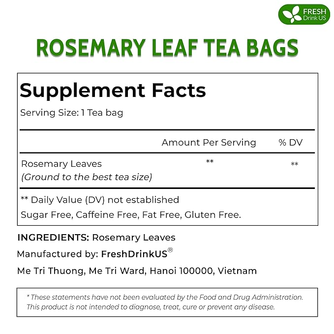 FreshDrinkUS, Premium 100 Rosemary Leaf Tea Bags, Made with 100% Natural Rosemary Dried Leaves, Pure Rosemary Herbal Tea, No Additives, No Caffeine, No Gluten, Vegan.