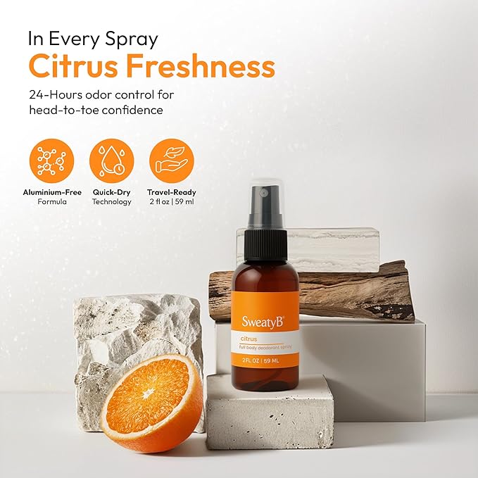 SweatyB® deodorant spray - Odor Protection with whole body deodorant for women & men - Travel Size, Skin-Safe, Vegan & Made in USA - Citrus body spray - 2 Oz