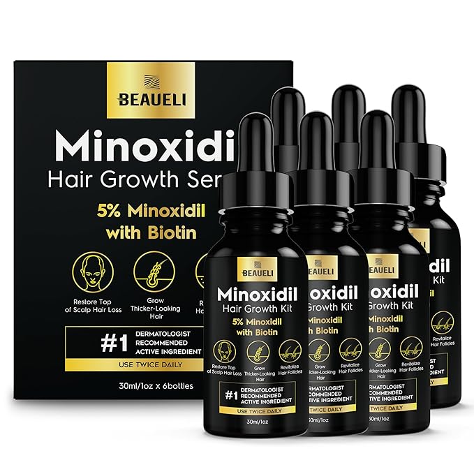 5% Minoxidil Hair Growth for Men and Women: Extra Strength Minoxidil Beard Regrowth Treatment Serum with Biotin for Thinning Hair Loss to Grow Thicker Fuller 30ml 6 Bottles