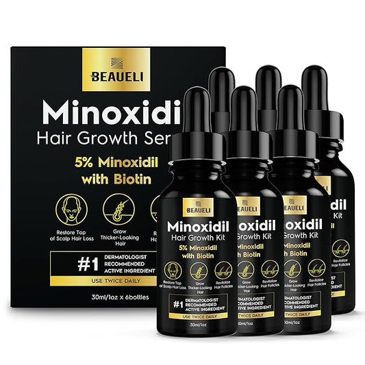 5% Minoxidil Hair Growth for Men and Women: Extra Strength Minoxidil Beard Regrowth Treatment Serum with Biotin for Thinning Hair Loss to Grow Thicker Fuller 30ml 6 Bottles