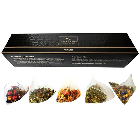 Pure And Easy Tea, Ascent Premium Tea Sampler, 15-Count Variety with 5 Caffeinated Flavors, Natural Loose Leaf Blends in BPA-Free Pyramid Bags, Gift Box, 52.5g