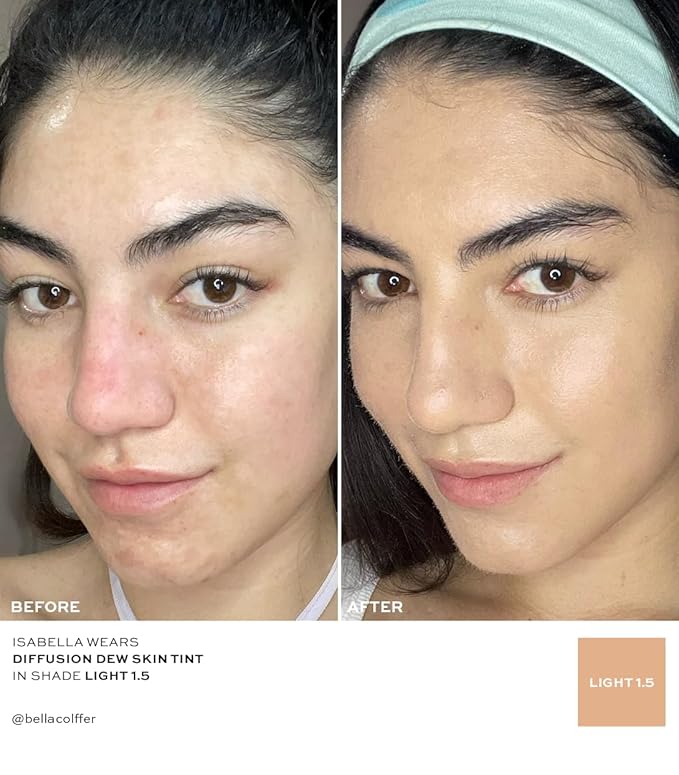 MAKE Beauty Diffusion Dew Skin Tint. Sheer to Medium Coverage Radiant Finish. Blurring, Smoothing, and Brightening. Enhanced with Niacinamide and Adenosine. Diffusion Dew - Light 01.5