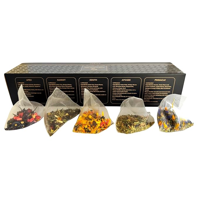 Pure And Easy Tea, Ascent Premium Tea Sampler, 15-Count Variety with 5 Caffeinated Flavors, Natural Loose Leaf Blends in BPA-Free Pyramid Bags, Gift Box, 52.5g