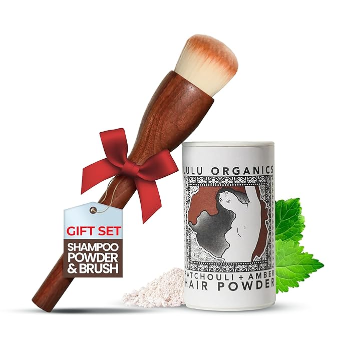 Non-Aerosol Dry Shampoo Powder with Hair Brush for Dark, Blonde and Oily Hair, All Natural Organic Body Powder, Paraben & Talc free No White Cast Synthetic Fragrance, Patchouli & Amber - 1oz