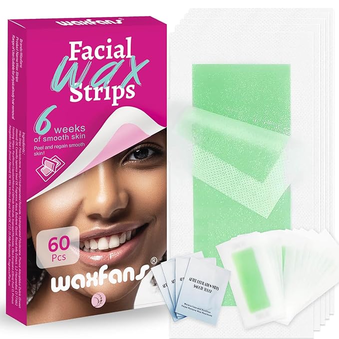 Waxfans Face Wax Strips for Hair Removal - Facial, Eyebrow，Lip & Body Wax Strips for Women | No Heating Required, Travel-Size 60 Pcs with Cleansing Wipes | 4-6 Weeks Smooth Skin