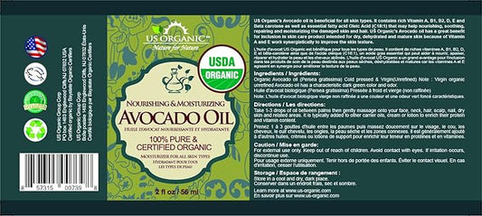 US Organic Avocado Oil Unrefined Virgin, USDA Certified Organic, 100% Pure & Natural, Cold Pressed, in Amber Glass Bottle w/Glass Eye dropper for Easy Application (2 oz (Small))