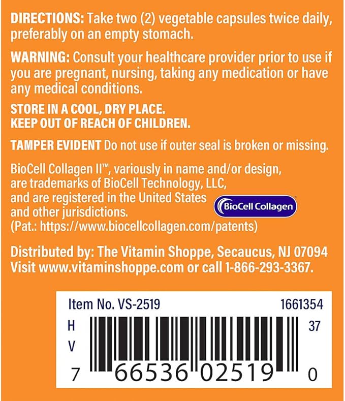 The Vitamin Shoppe Biocell Collagen II with Hyaluronic Acid - 1000mg per Serving (60 Vegetable Capsules)